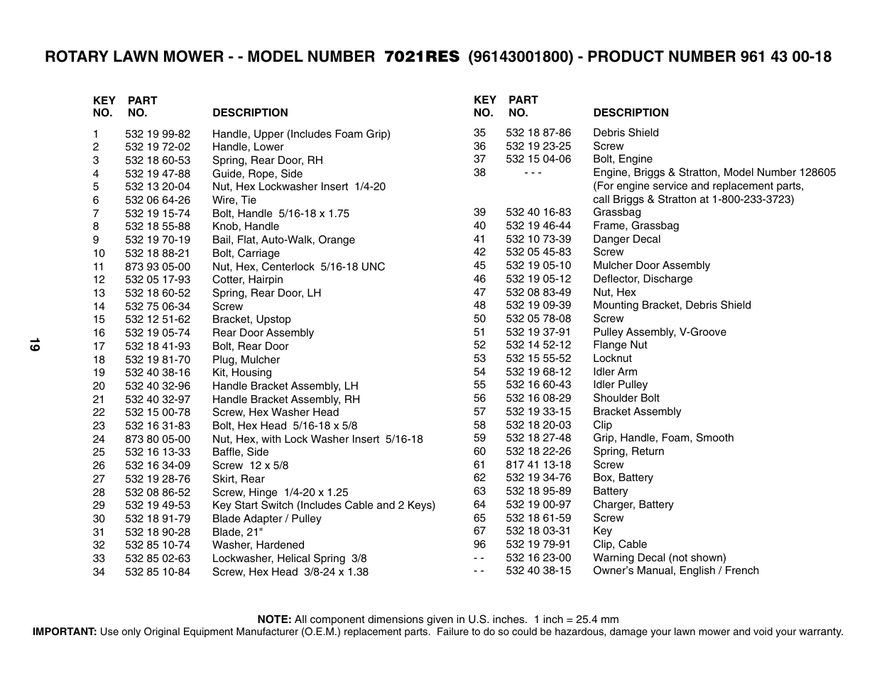 Parts list | Husqvarna 7021RES User Manual | Page 19 / 22