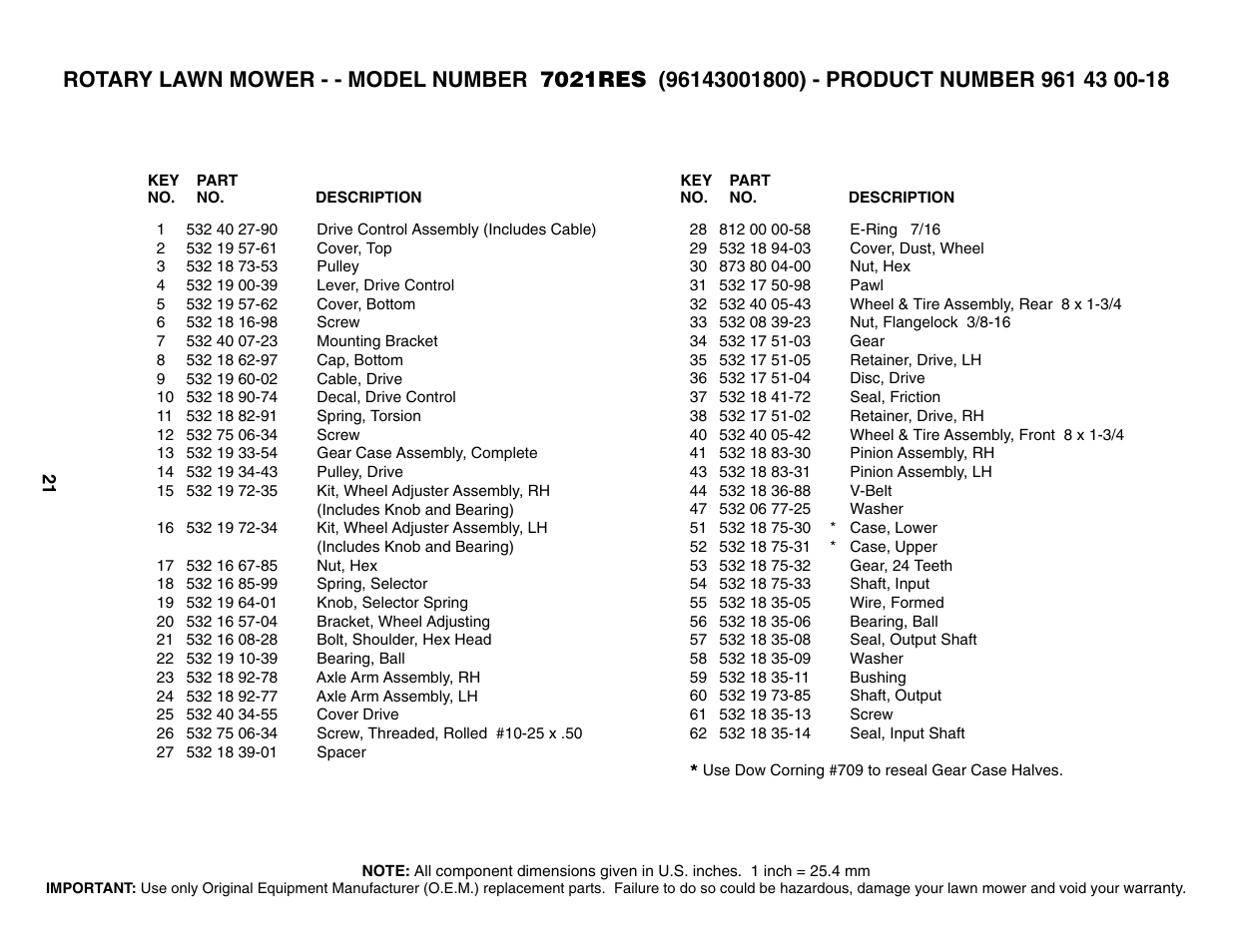 Parts list | Husqvarna 7021RES User Manual | Page 21 / 22