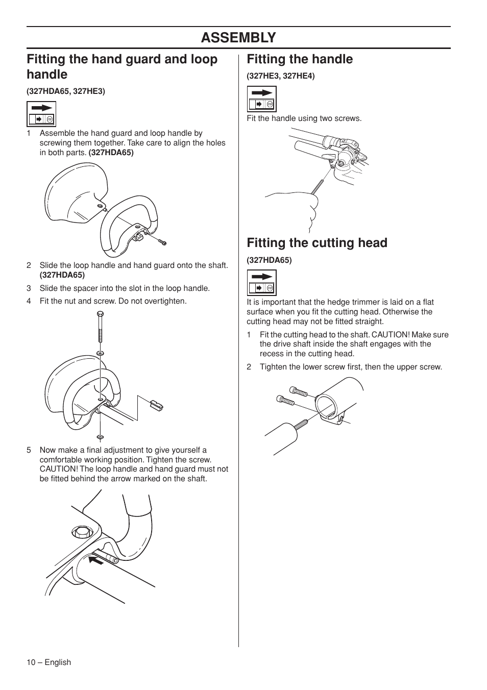 Fitting the hand guard and loop handle, Fitting the handle, Fitting the cutting head | Assembly | Husqvarna 327HDA65X User Manual | Page 10 / 28