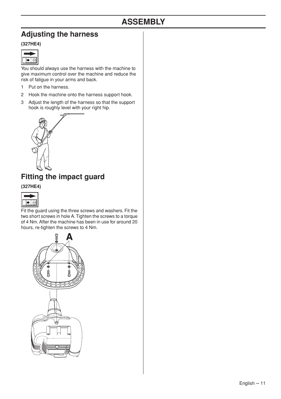 Adjusting the harness, Fitting the impact guard, Assembly | Husqvarna 327HDA65X User Manual | Page 11 / 28
