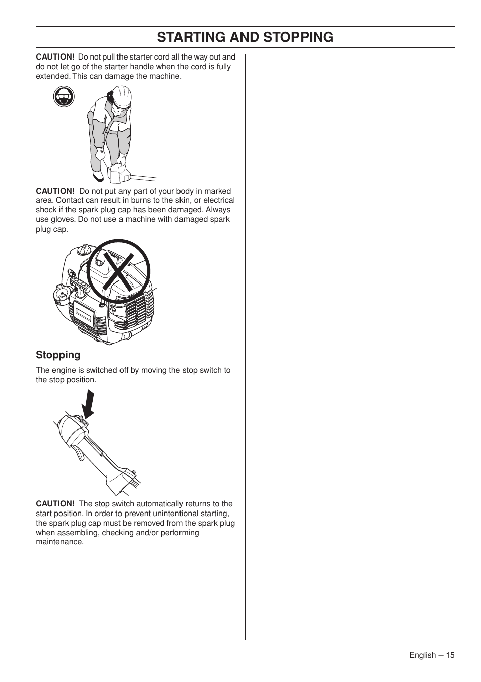 Stopping, Starting and stopping | Husqvarna 327HDA65X User Manual | Page 15 / 28