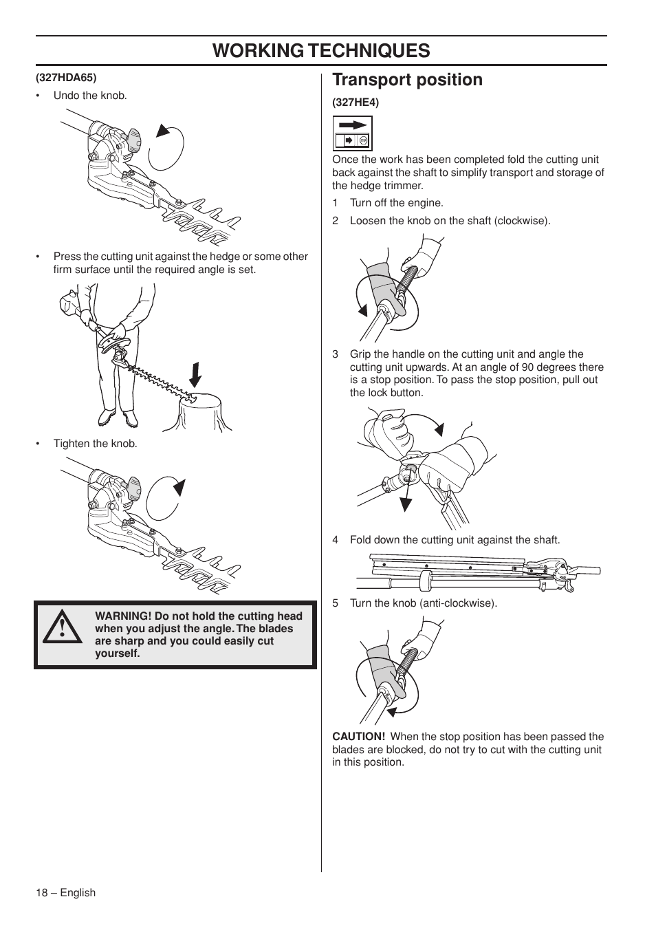 Transport position, Working techniques | Husqvarna 327HDA65X User Manual | Page 18 / 28