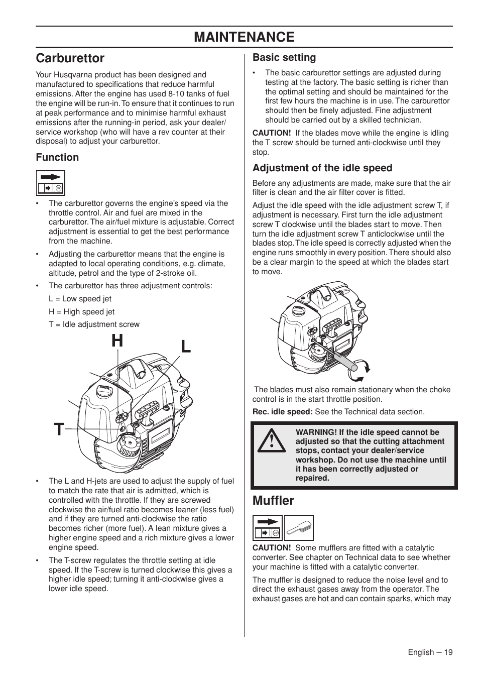 Carburettor, Function, Basic setting | Adjustment of the idle speed, Muffler, Maintenance | Husqvarna 327HDA65X User Manual | Page 19 / 28