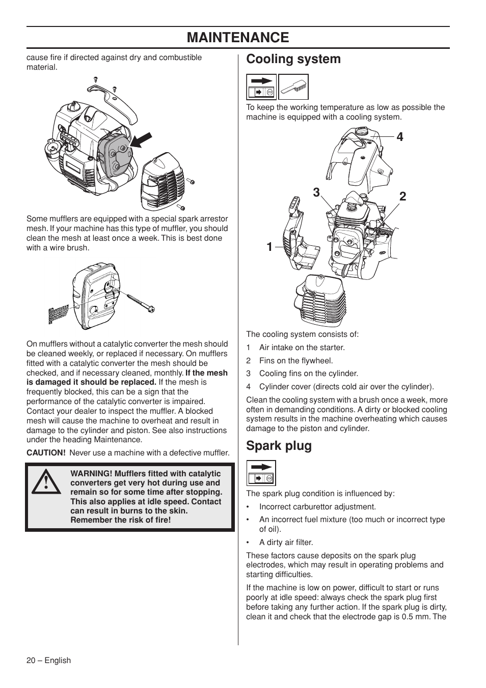 Cooling system, Spark plug, Maintenance | Husqvarna 327HDA65X User Manual | Page 20 / 28