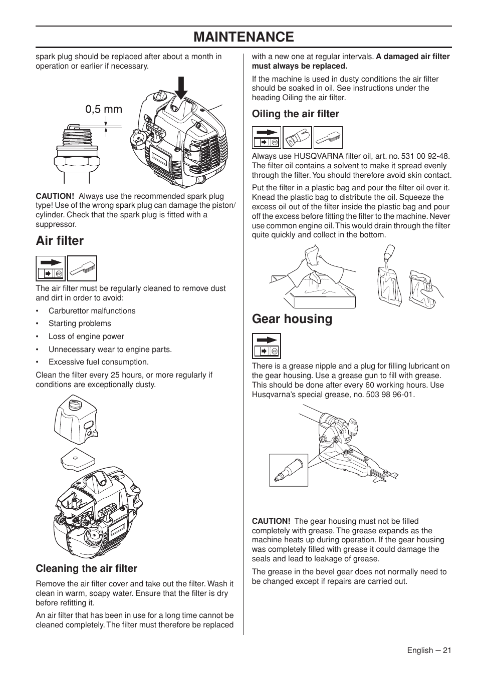 Air filter, Cleaning the air filter, Oiling the air filter | Gear housing, Maintenance | Husqvarna 327HDA65X User Manual | Page 21 / 28