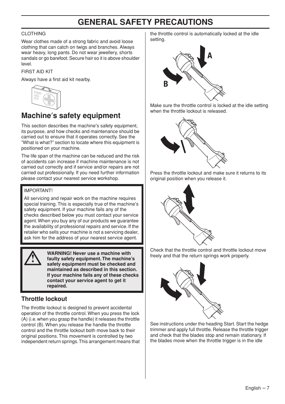 Machine¢s safety equipment, Throttle lockout, General safety preca utions | Mac hine ′ s safety equipment | Husqvarna 327HDA65X User Manual | Page 7 / 28