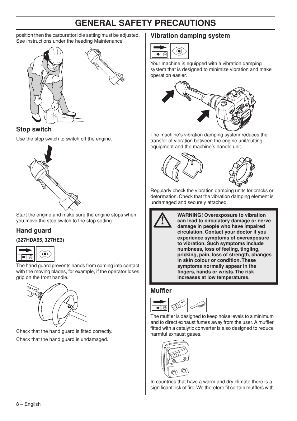 Stop switch, Hand guard, Vibration damping system | Muffler, General safety preca utions | Husqvarna 327HDA65X User Manual | Page 8 / 28