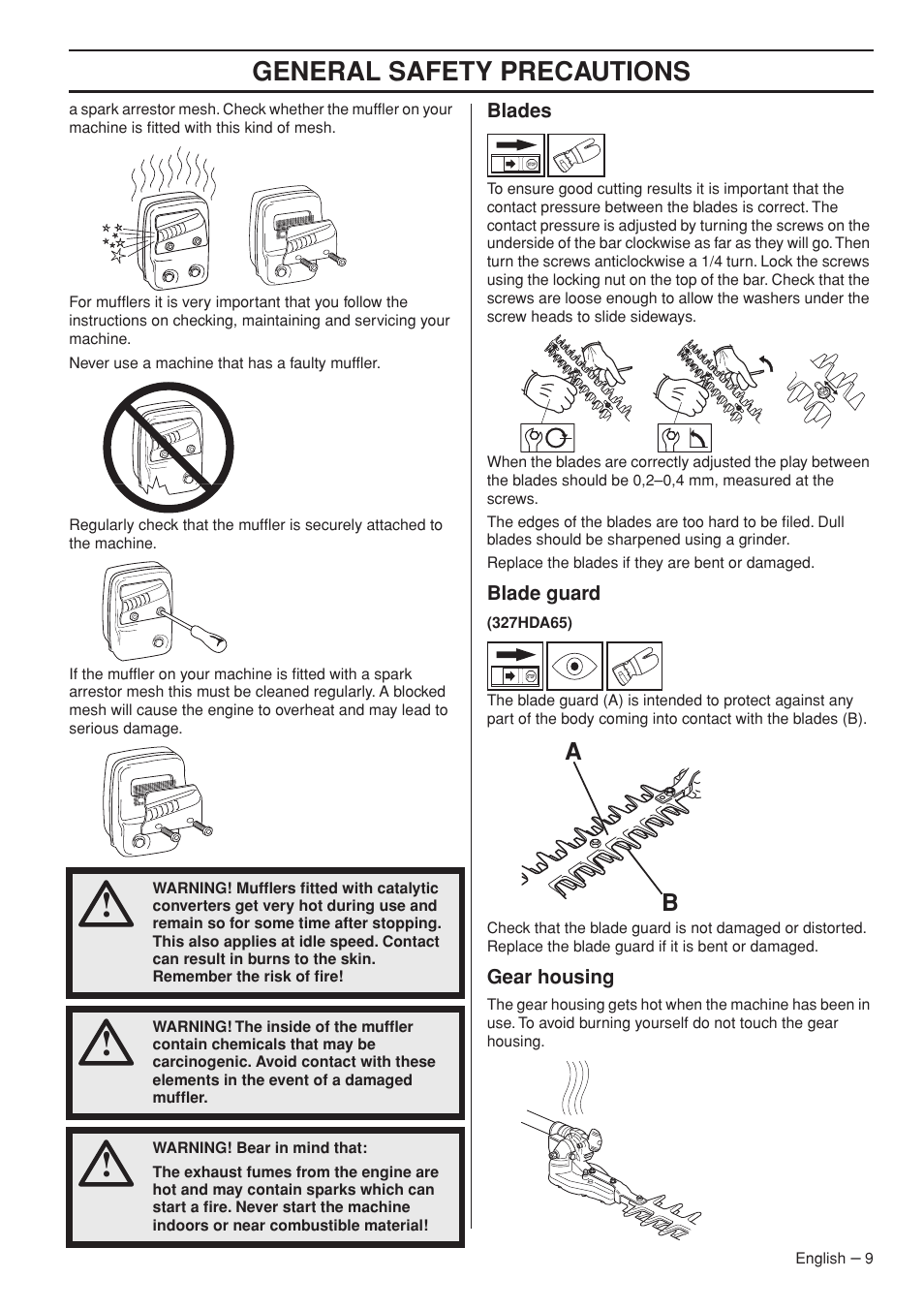 Blades, Blade guard, Gear housing | General safety precautions | Husqvarna 327HDA65X User Manual | Page 9 / 28