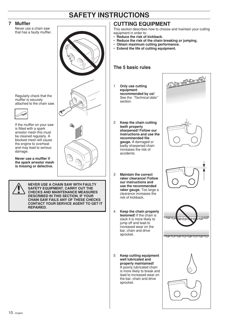 Safety instructions, Cutting equipment, 7 muffler | The 5 basic rules | Husqvarna 61 User Manual | Page 10 / 36