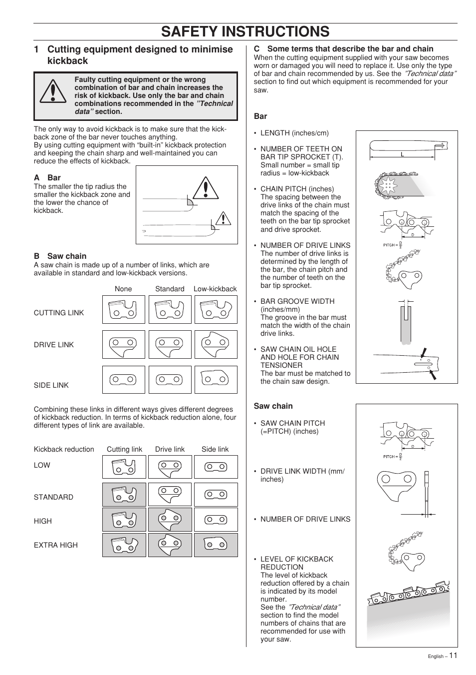 Safety instructions, 1 cutting equipment designed to minimise kickback | Husqvarna 61 User Manual | Page 11 / 36