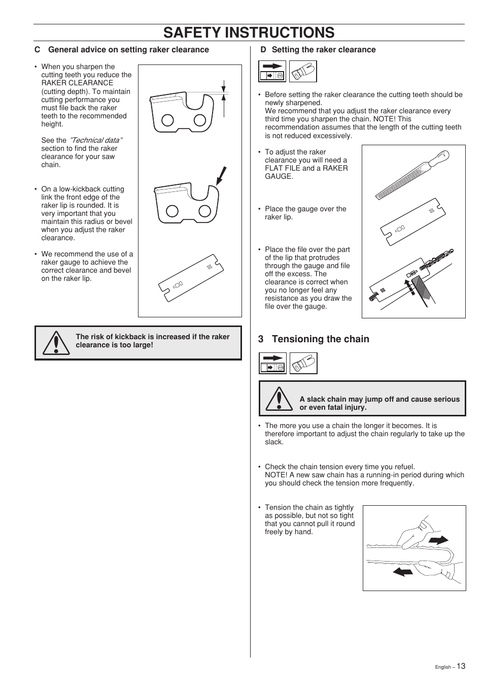 Safety instructions, 3 tensioning the chain | Husqvarna 61 User Manual | Page 13 / 36