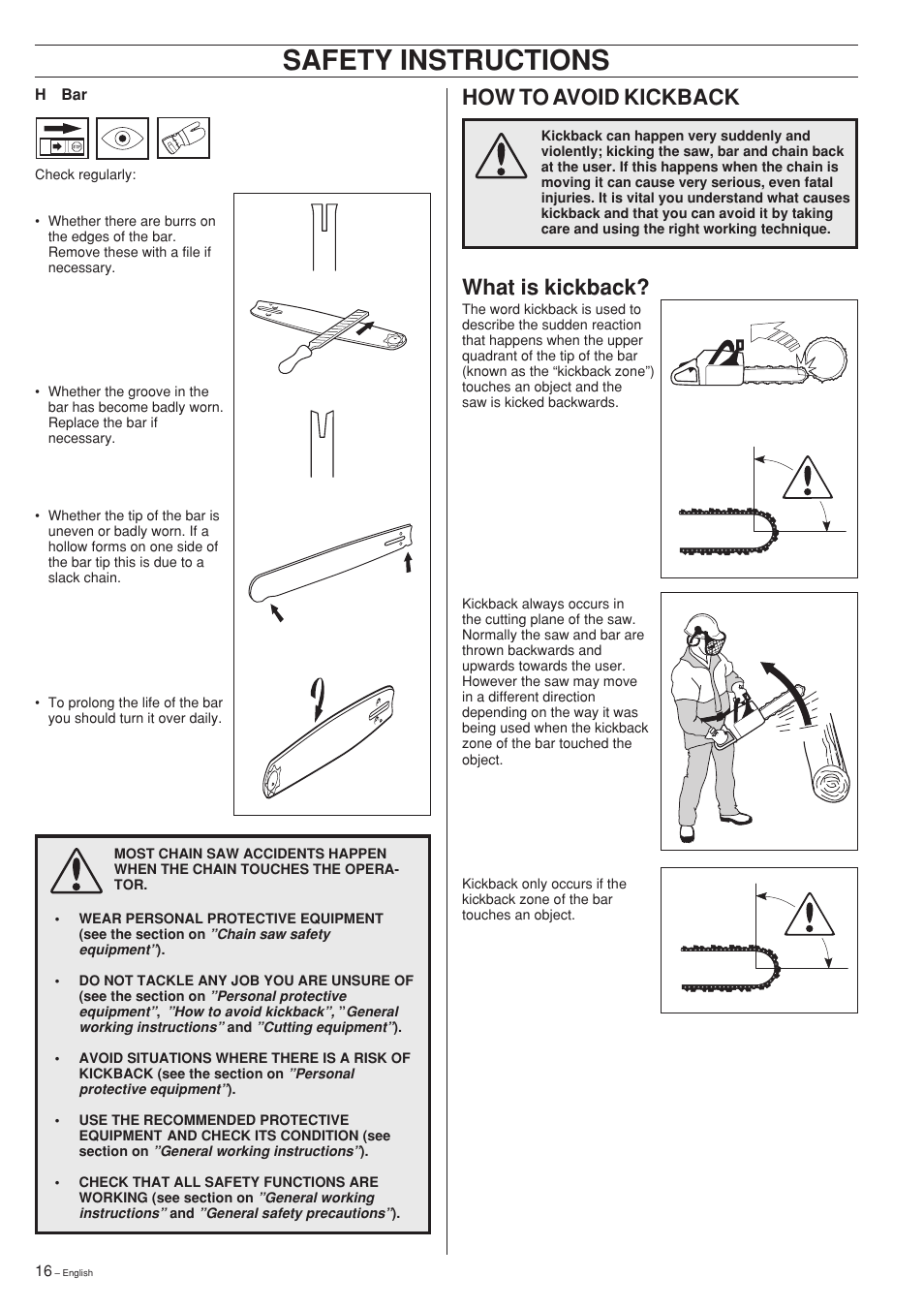 Safety instructions, How to avoid kickback, What is kickback | Husqvarna 61 User Manual | Page 16 / 36