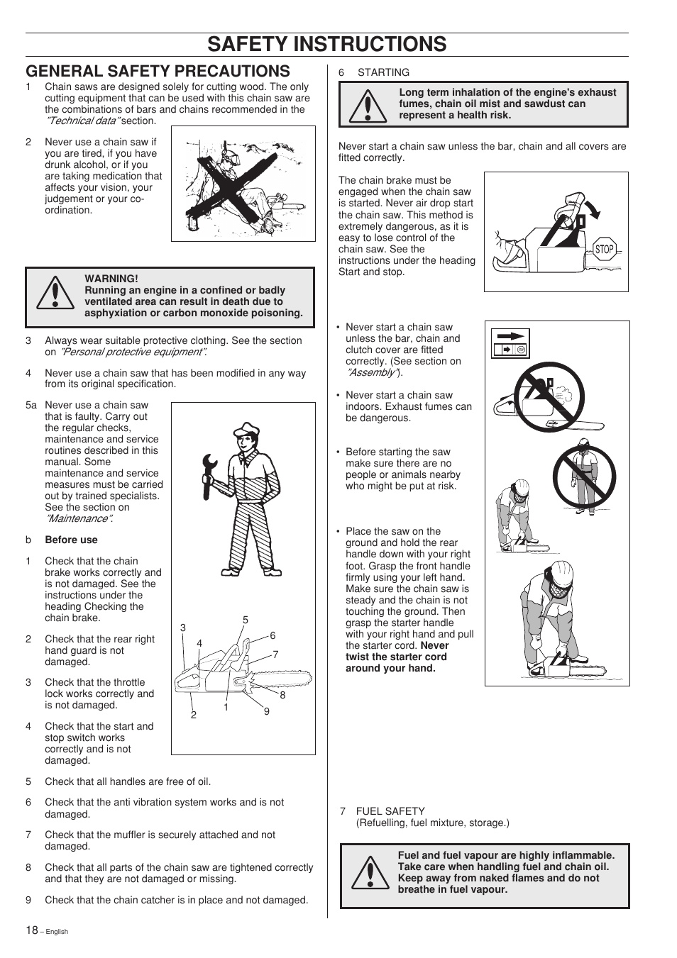 Safety instructions, General safety precautions | Husqvarna 61 User Manual | Page 18 / 36