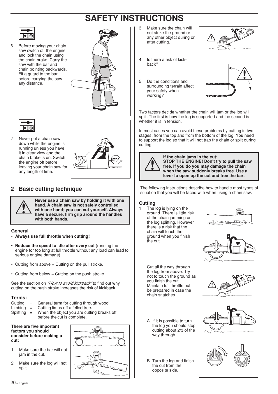 Safety instructions, 2 basic cutting technique | Husqvarna 61 User Manual | Page 20 / 36