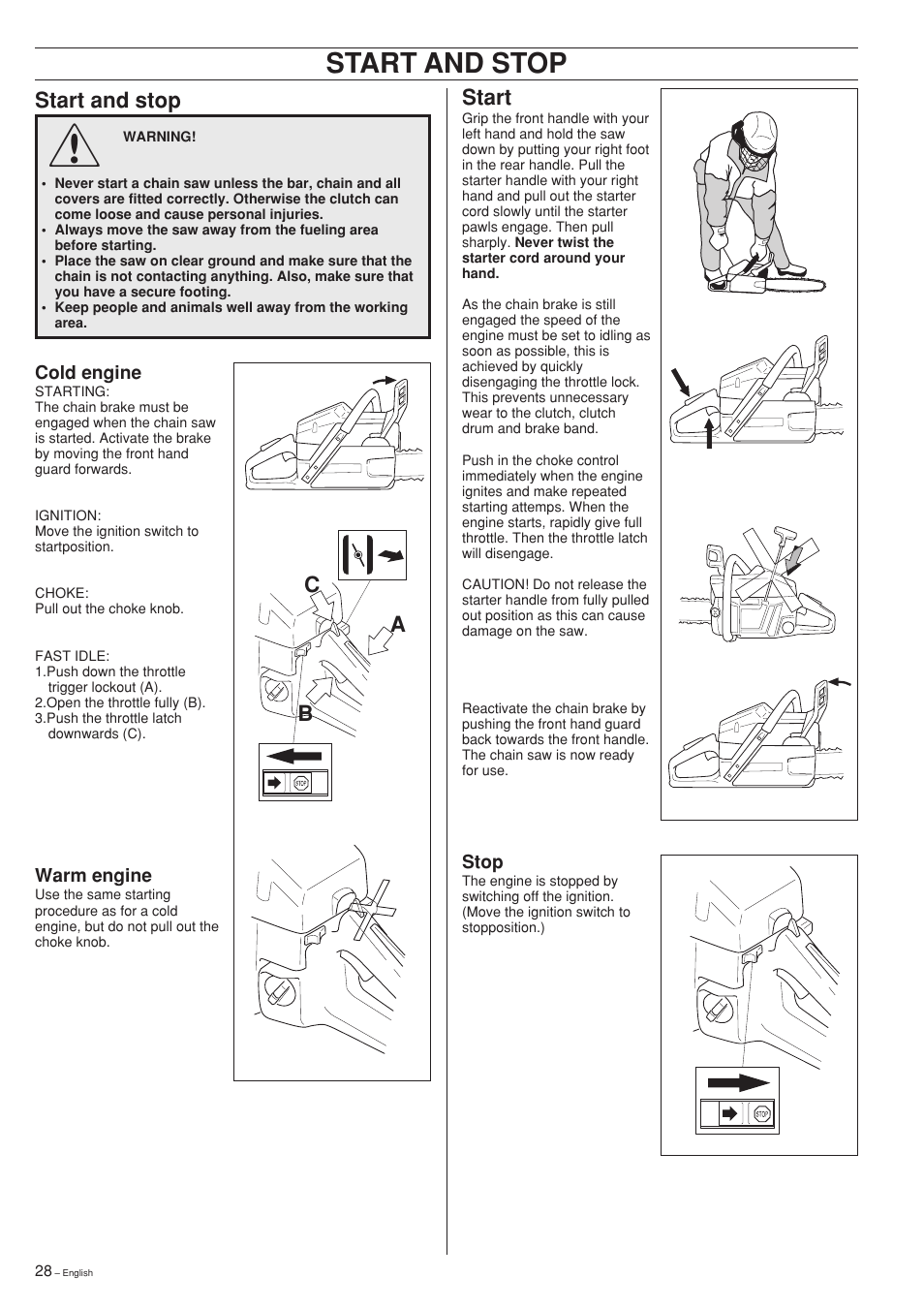 Start and stop, Start, Ba c | Husqvarna 61 User Manual | Page 28 / 36