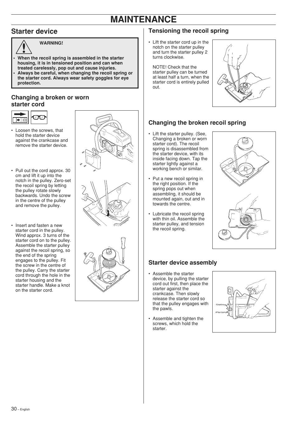 Maintenance, Starter device | Husqvarna 61 User Manual | Page 30 / 36