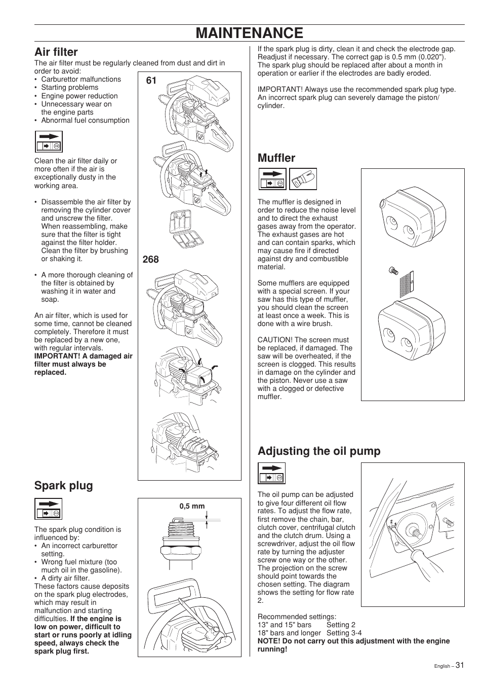 Maintenance, Air filter, Spark plug | Adjusting the oil pump, Muffler | Husqvarna 61 User Manual | Page 31 / 36