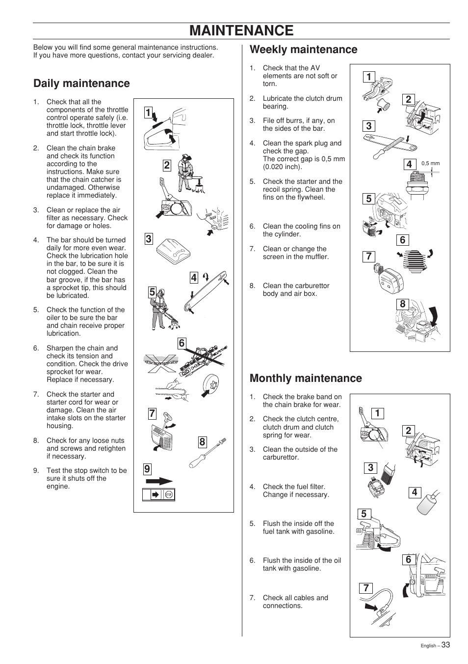 Maintenance, Weekly maintenance, Monthly maintenance | Daily maintenance | Husqvarna 61 User Manual | Page 33 / 36