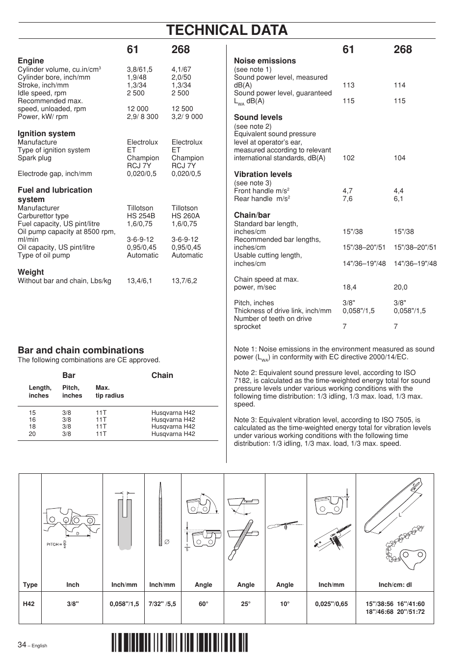 Technical data, Z+r$j¶61, Bar and chain combinations | Husqvarna 61 User Manual | Page 34 / 36