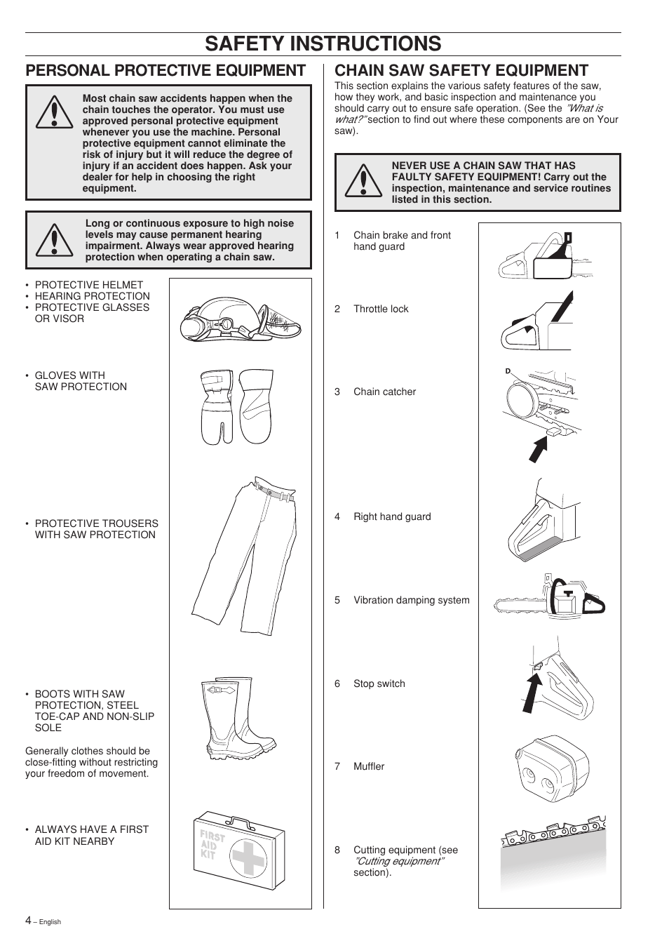 Safety instructions, Chain saw safety equipment, Personal protective equipment | Husqvarna 61 User Manual | Page 4 / 36