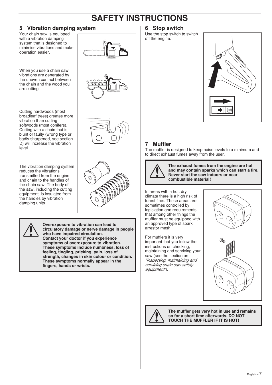 Safety instructions, 5 vibration damping system, 6 stop switch | 7 muffler | Husqvarna 61 User Manual | Page 7 / 36