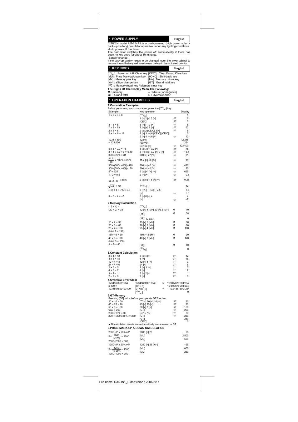 CITIZEN MT-854A User Manual | Page 2 / 16