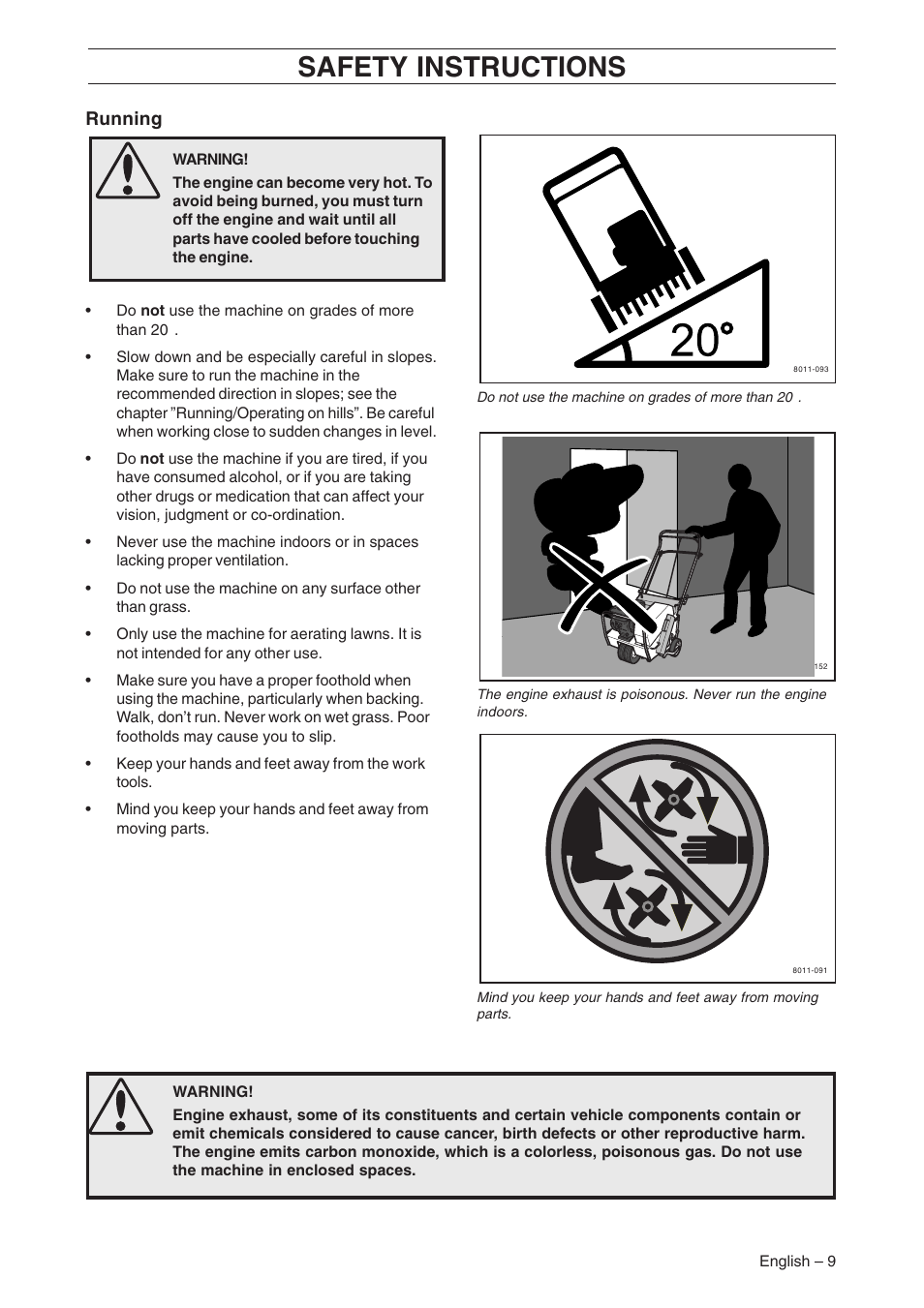 Safety instructions, Running | Husqvarna AR19 User Manual | Page 11 / 56