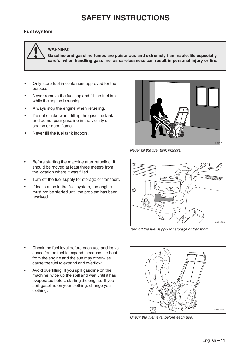 Safety instructions, Fuel system | Husqvarna AR19 User Manual | Page 13 / 56