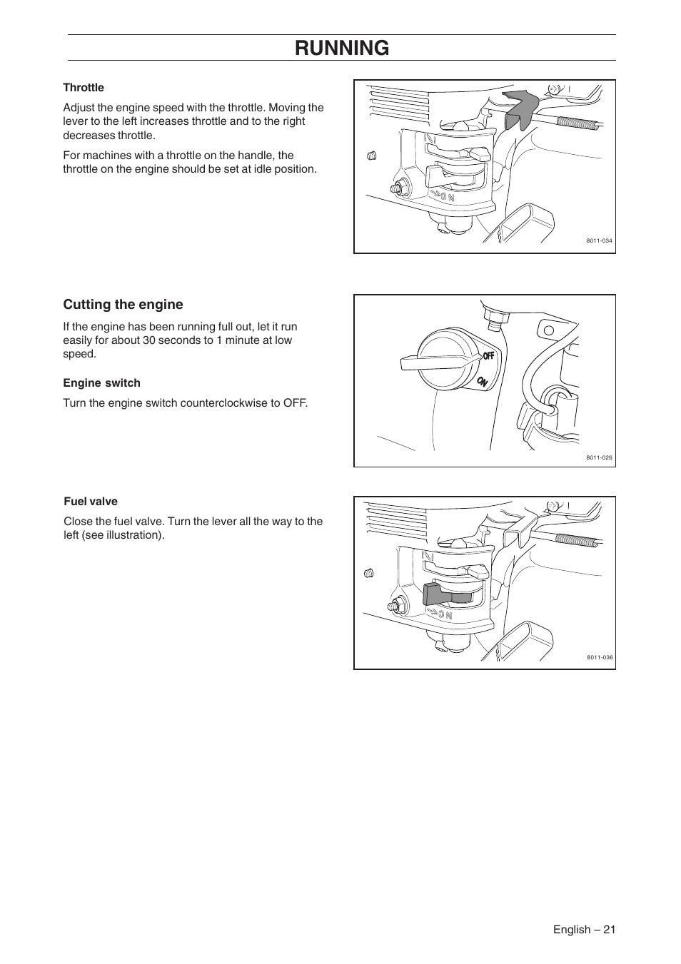 Running, Cutting the engine | Husqvarna AR19 User Manual | Page 23 / 56