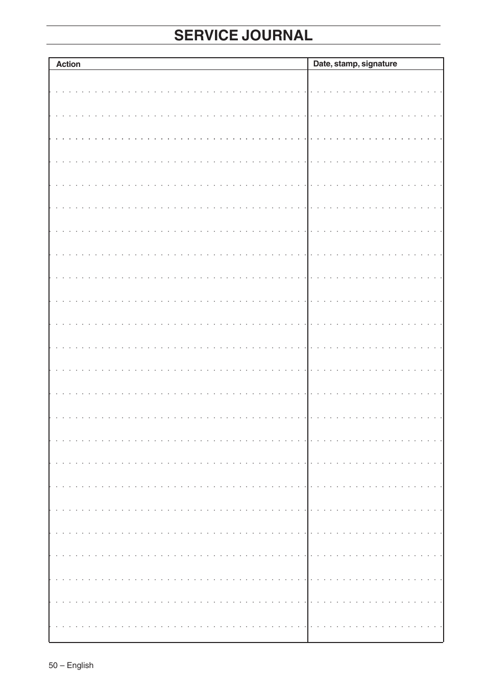 Service journal | Husqvarna AR19 User Manual | Page 52 / 56