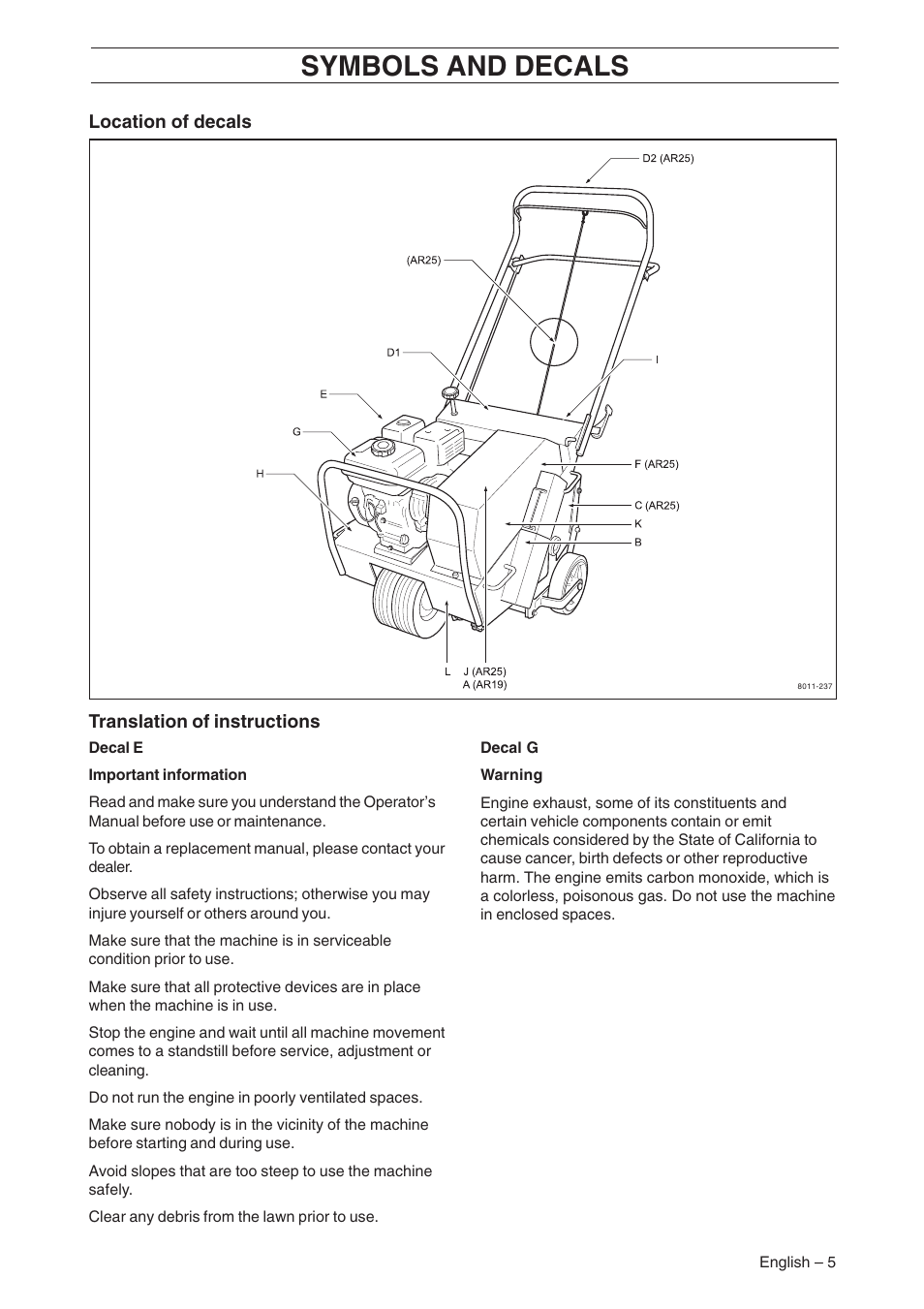 Symbols and decals | Husqvarna AR19 User Manual | Page 7 / 56