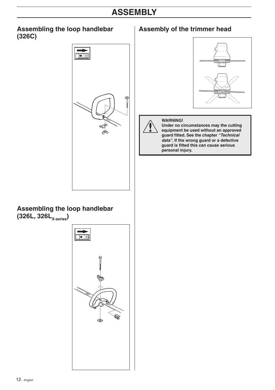 Assembly, Assembly of the trimmer head, Assembling the loop handlebar (326c) | Husqvarna 326C User Manual | Page 12 / 36