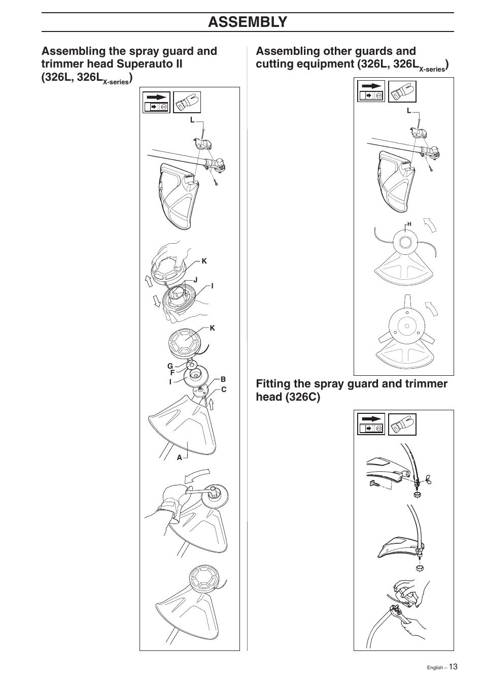 Assembly, Fitting the spray guard and trimmer head (326c) | Husqvarna 326C User Manual | Page 13 / 36