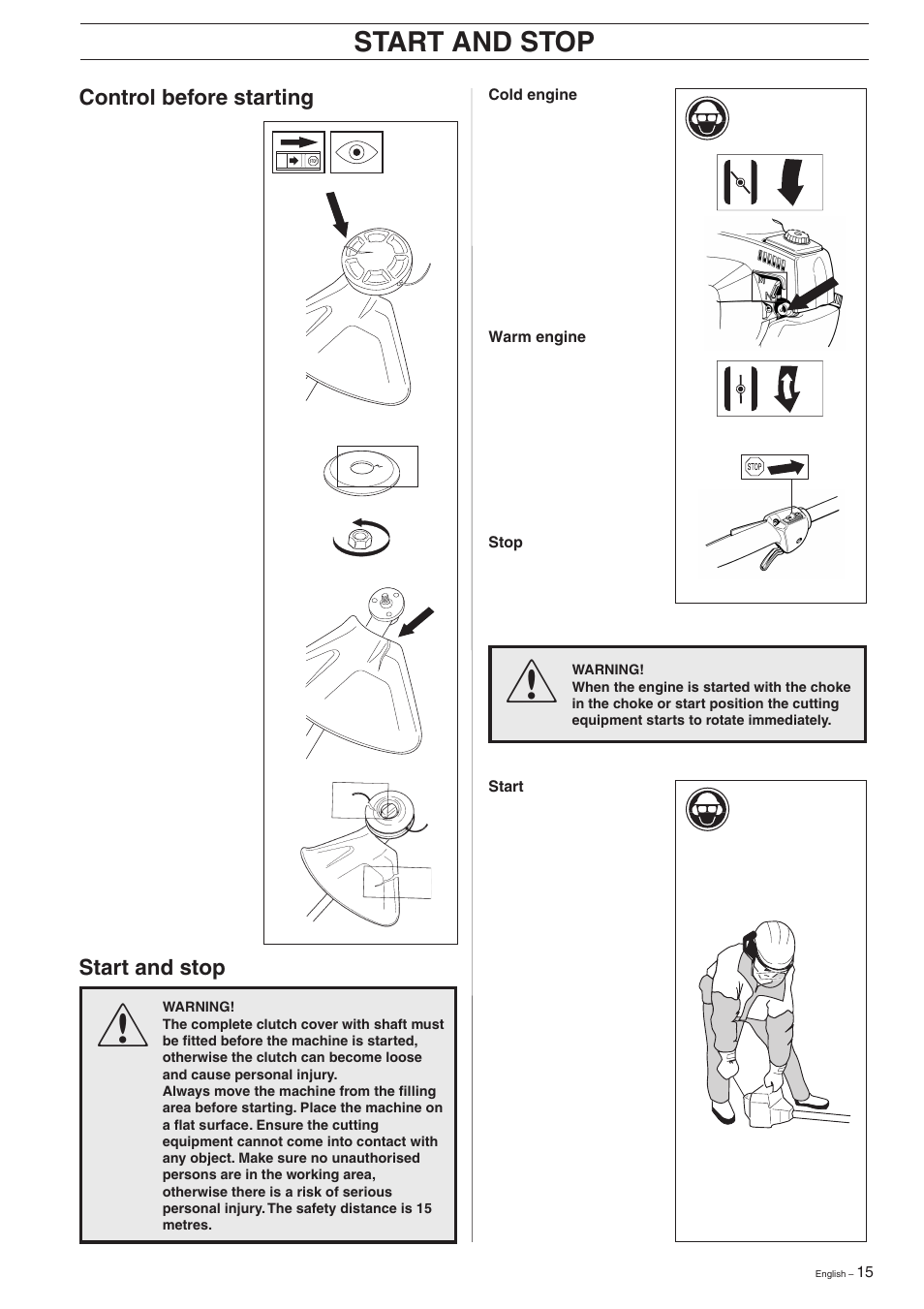 Start and stop | Husqvarna 326C User Manual | Page 15 / 36