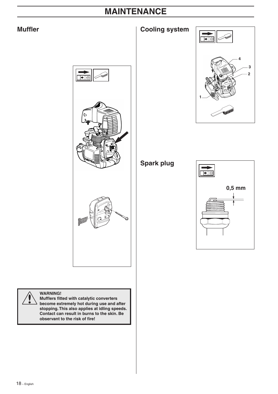 Maintenance, Cooling system, Muffler | Spark plug | Husqvarna 326C User Manual | Page 18 / 36