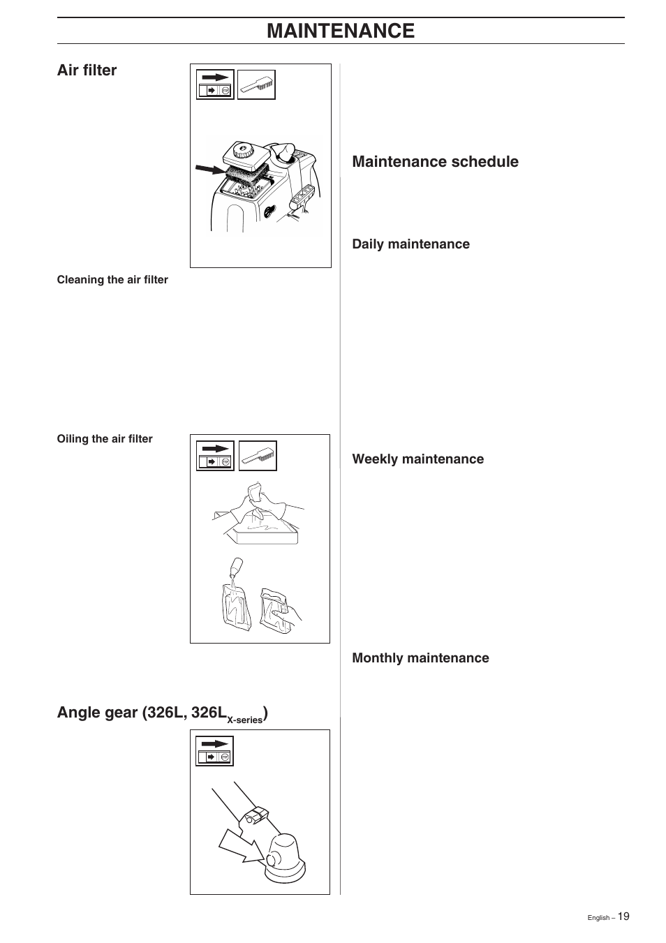 Maintenance schedule, Maintenance, Air filter | Husqvarna 326C User Manual | Page 19 / 36