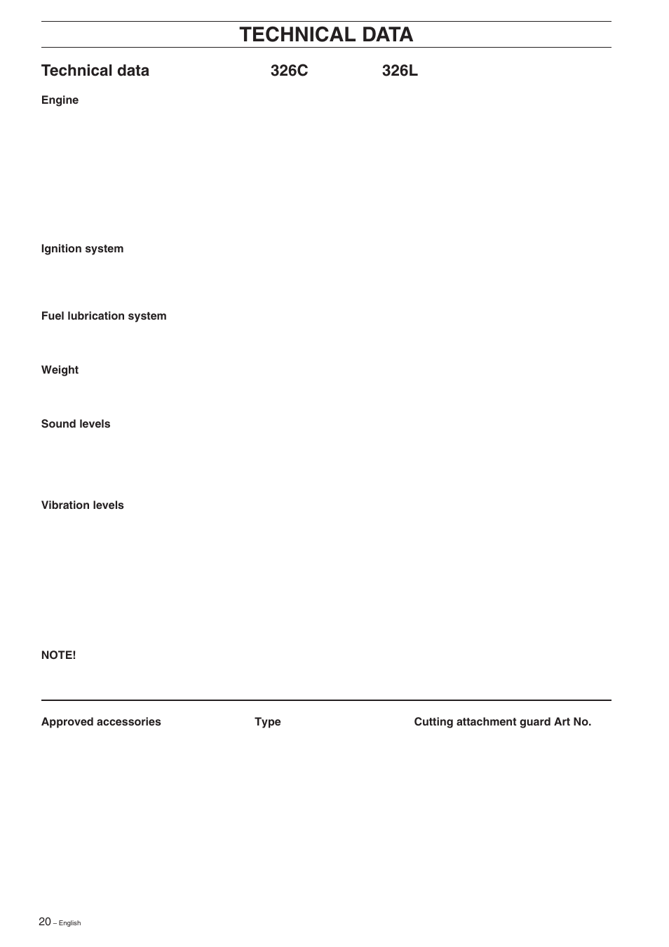 Technical data, Approved accessories, 326c | 326l | Husqvarna 326C User Manual | Page 20 / 36