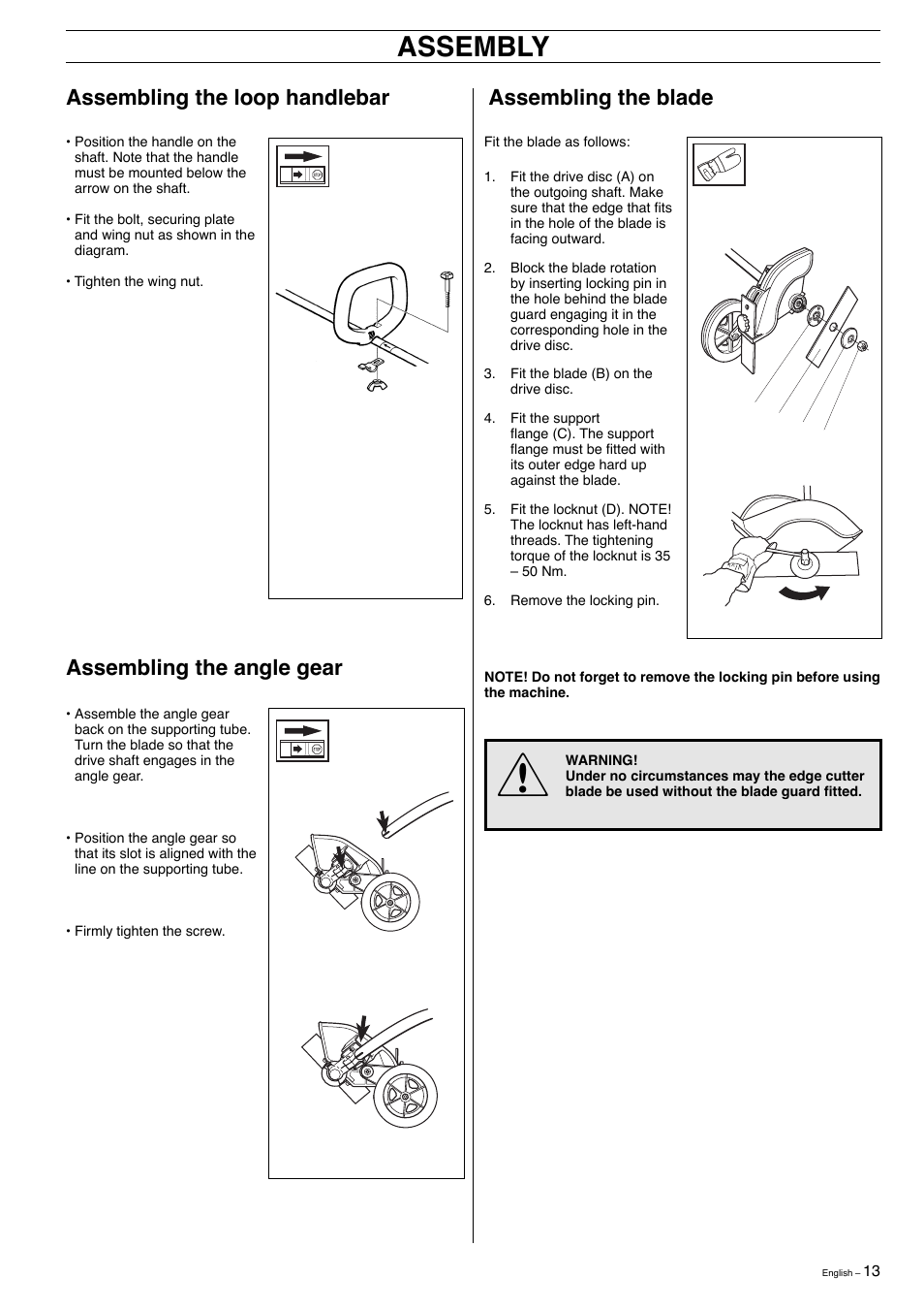 Assembly, Assembling the blade, Assembling the loop handlebar | Assembling the angle gear | Husqvarna 323E User Manual | Page 13 / 24