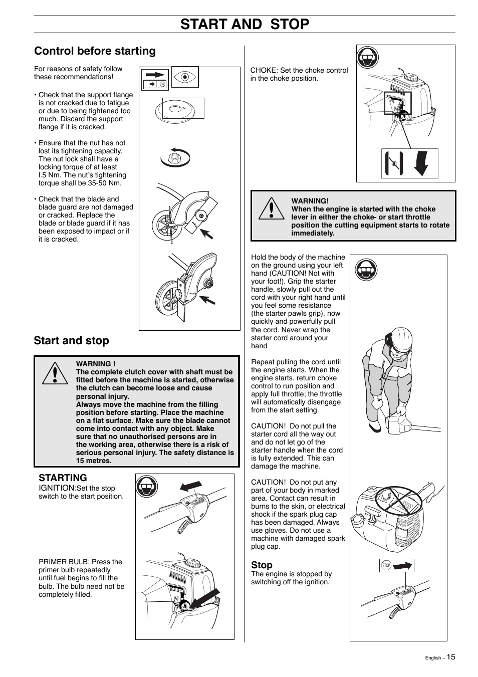Start and stop | Husqvarna 323E User Manual | Page 15 / 24
