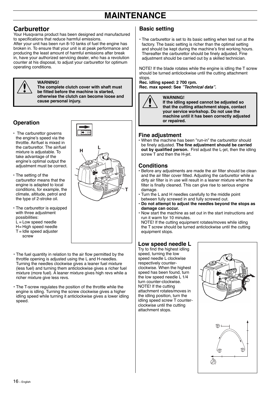 Maintenance, Carburettor | Husqvarna 323E User Manual | Page 16 / 24