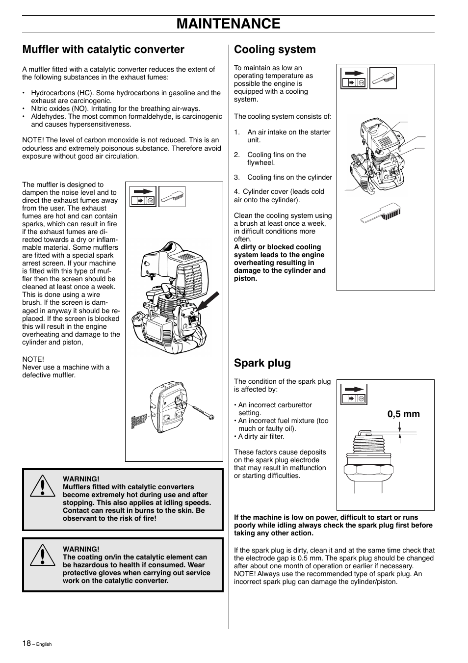 Maintenance, Muffl er with catalytic converter, Cooling system | Spark plug | Husqvarna 323E User Manual | Page 18 / 24
