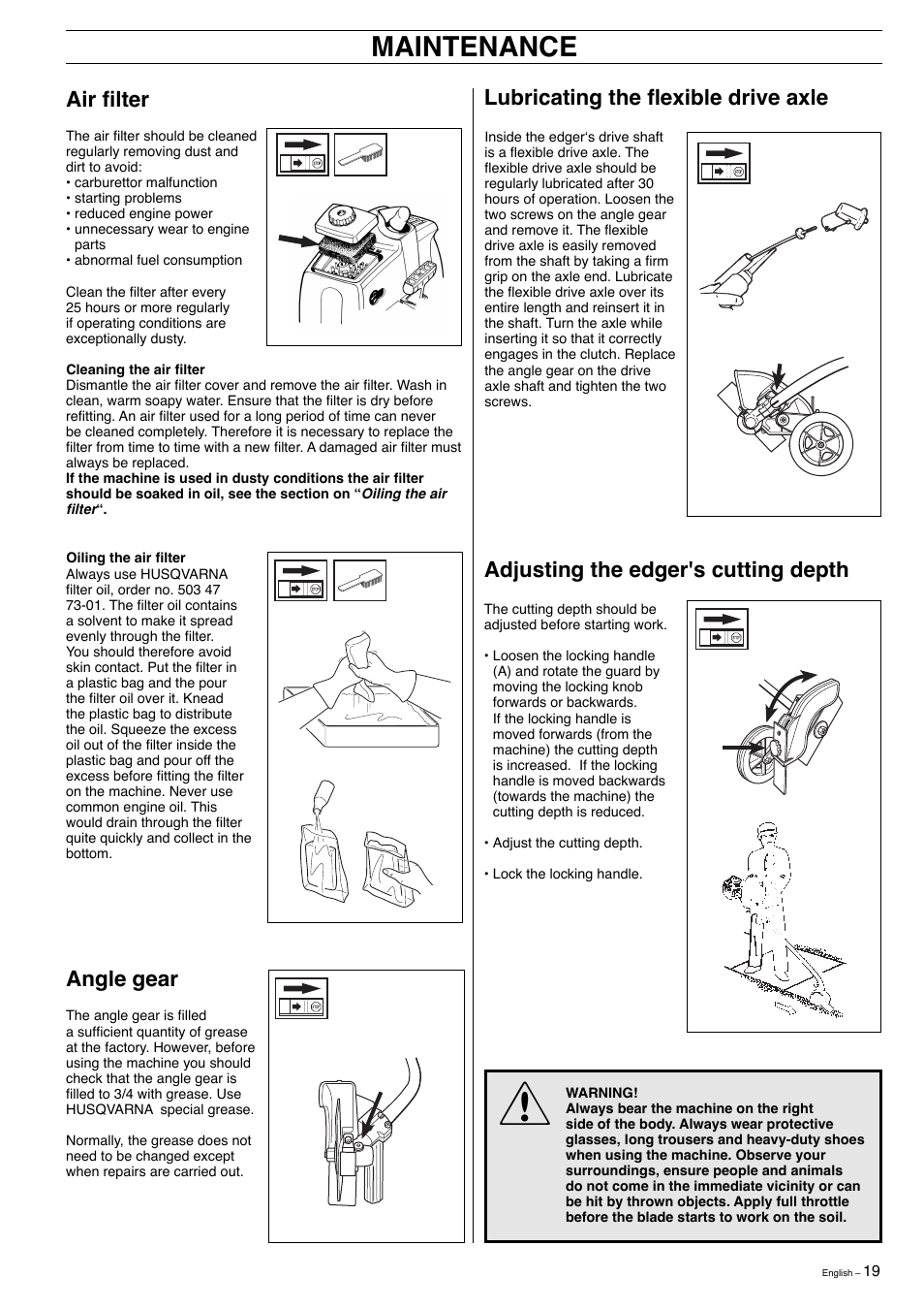 Maintenance, Lubricating the fl exible drive axle, Adjusting the edger's cutting depth angle gear | Air fi lter | Husqvarna 323E User Manual | Page 19 / 24