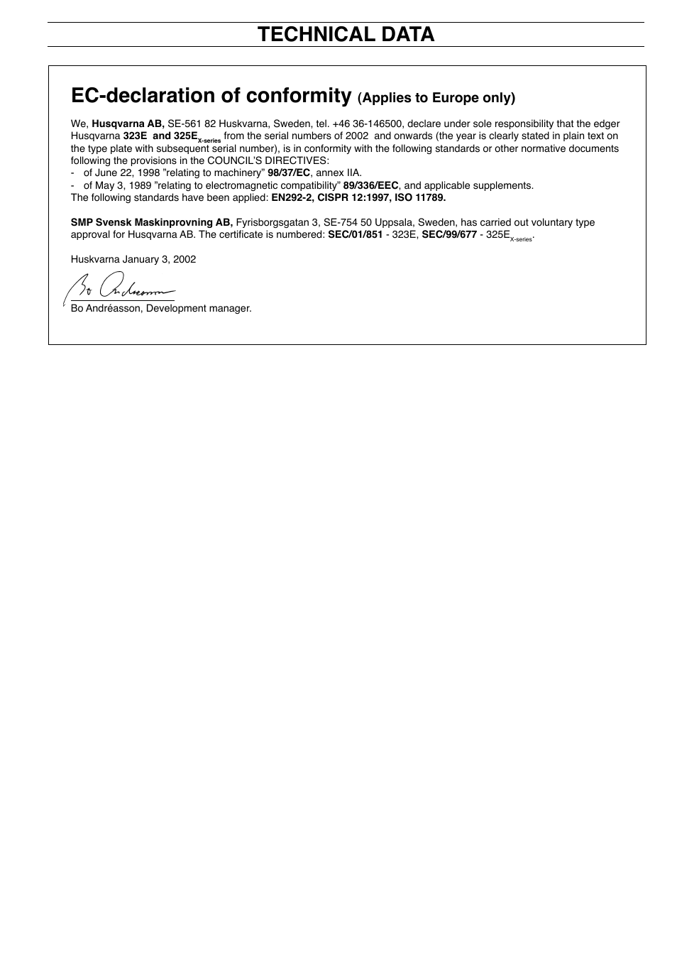 Ec-declaration of conformity, Technical data, Applies to europe only) | Husqvarna 323E User Manual | Page 23 / 24