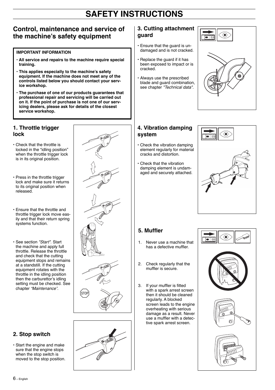 Safety instructions, Throttle trigger lock, Stop switch | Cutting attachment guard, Vibration damping system, Muffl er | Husqvarna 323E User Manual | Page 6 / 24
