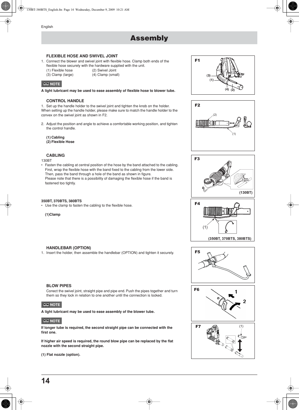 Assembly, Flexible hose and swivel joint, Control handle | Cabling, Handlebar (option), Blow pipes | Husqvarna 130BT User Manual | Page 14 / 21