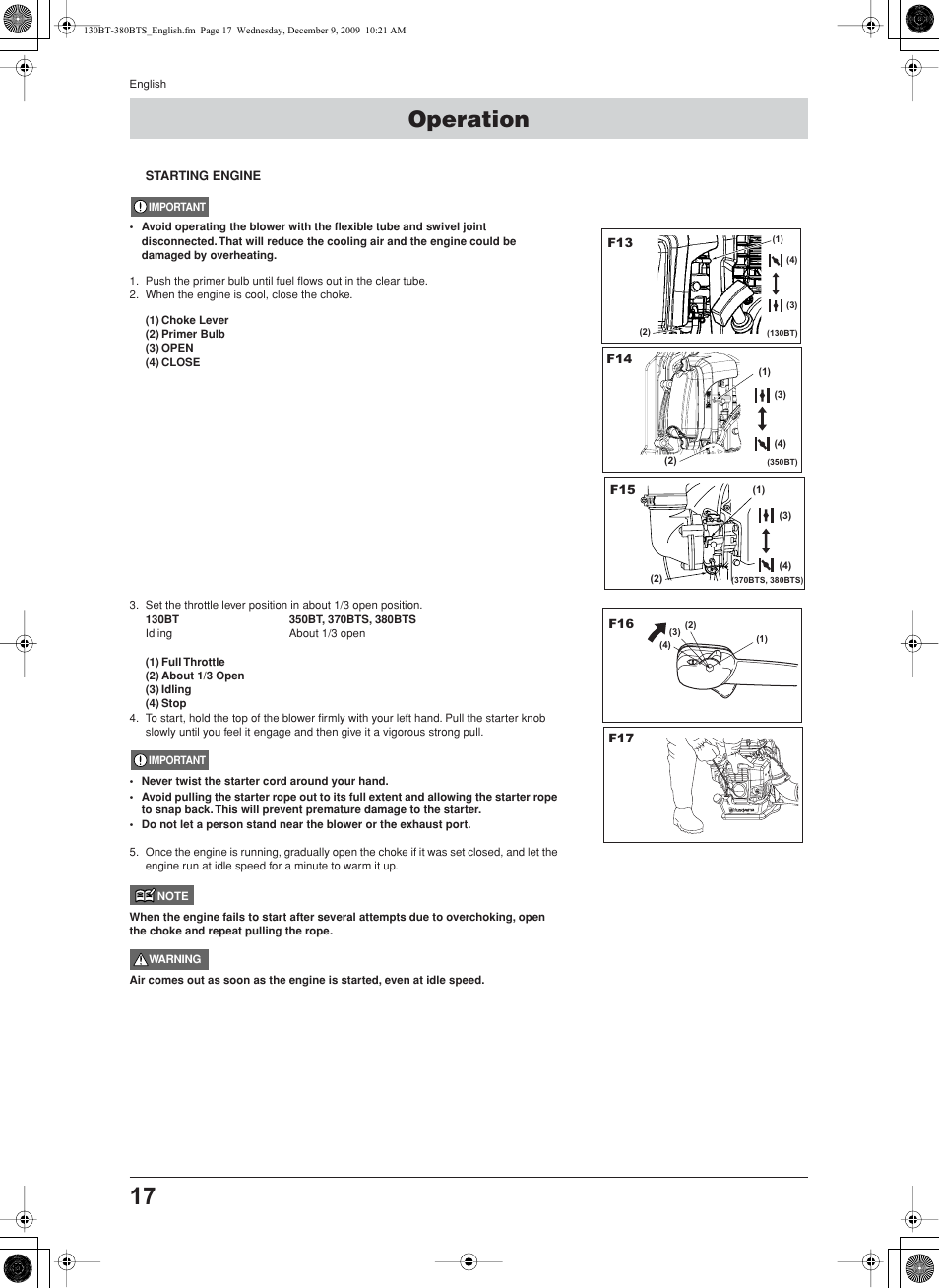 Operation, Starting engine | Husqvarna 130BT User Manual | Page 17 / 21