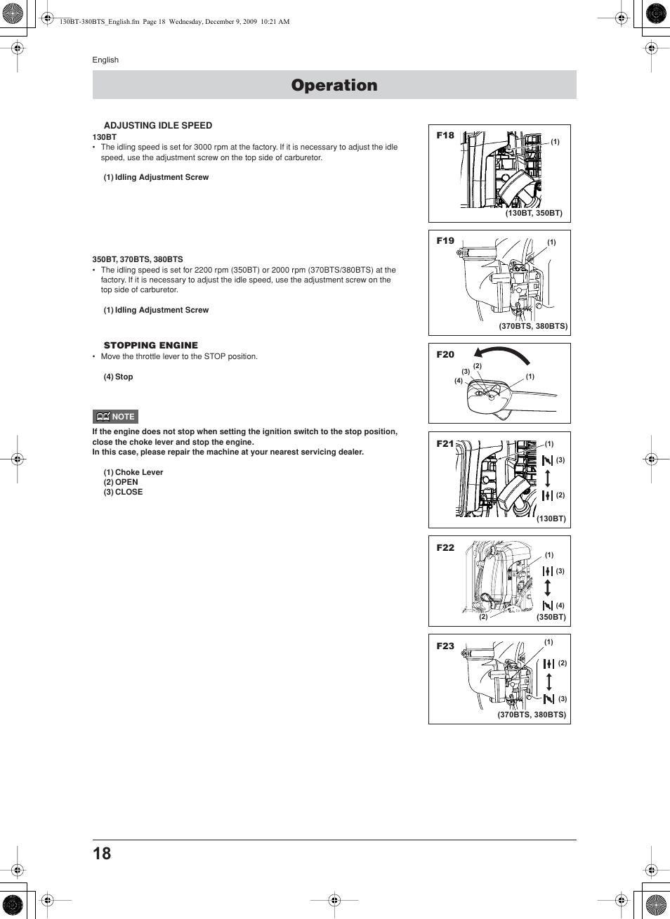 Operation, Adjusting idle speed, Stopping engine | Husqvarna 130BT User Manual | Page 18 / 21