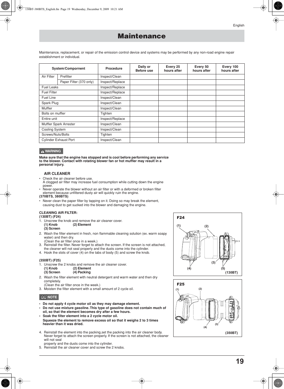 Air cleaner, Maintenance | Husqvarna 130BT User Manual | Page 19 / 21