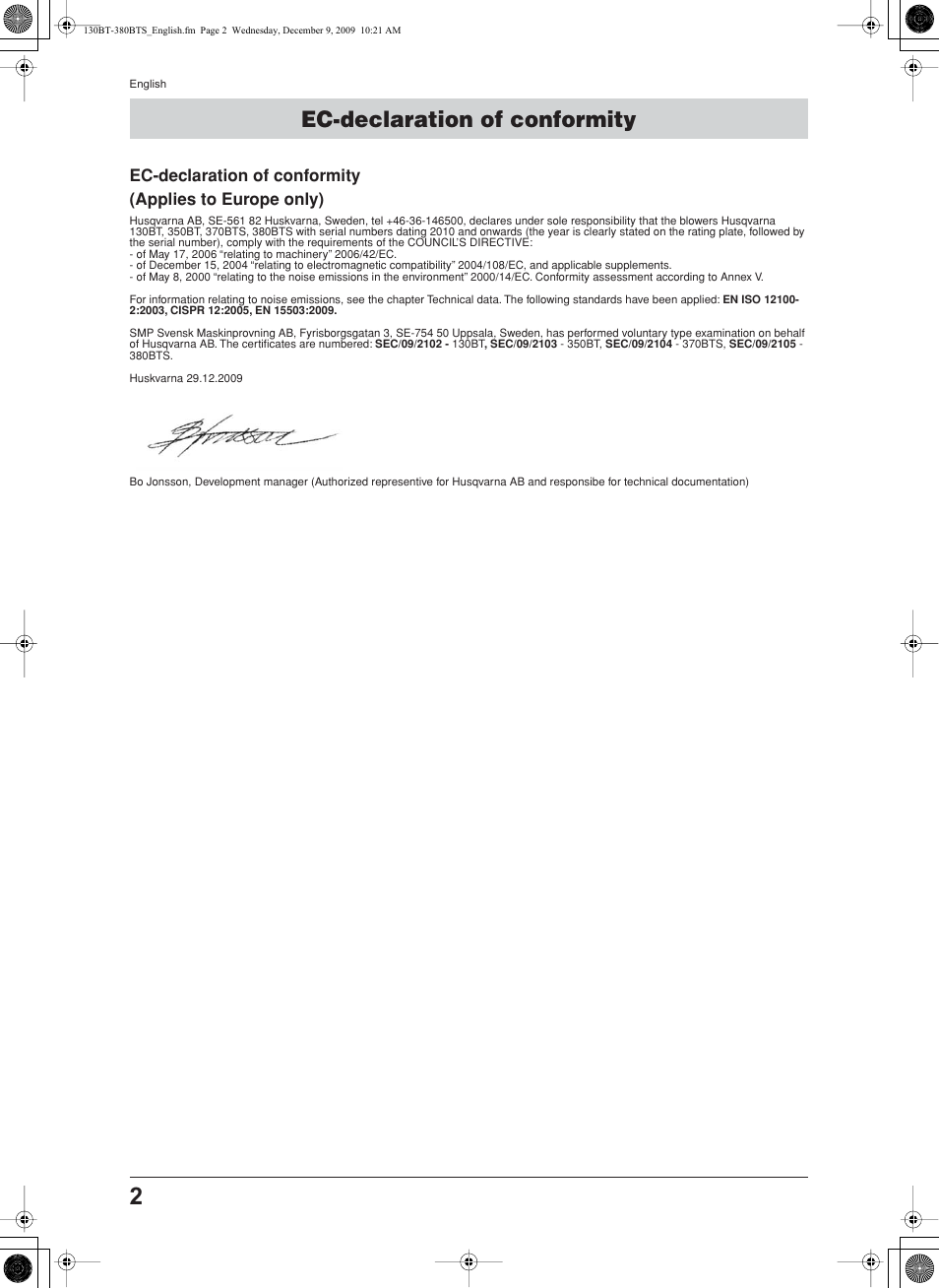 Ec-declaration of conformity | Husqvarna 130BT User Manual | Page 2 / 21