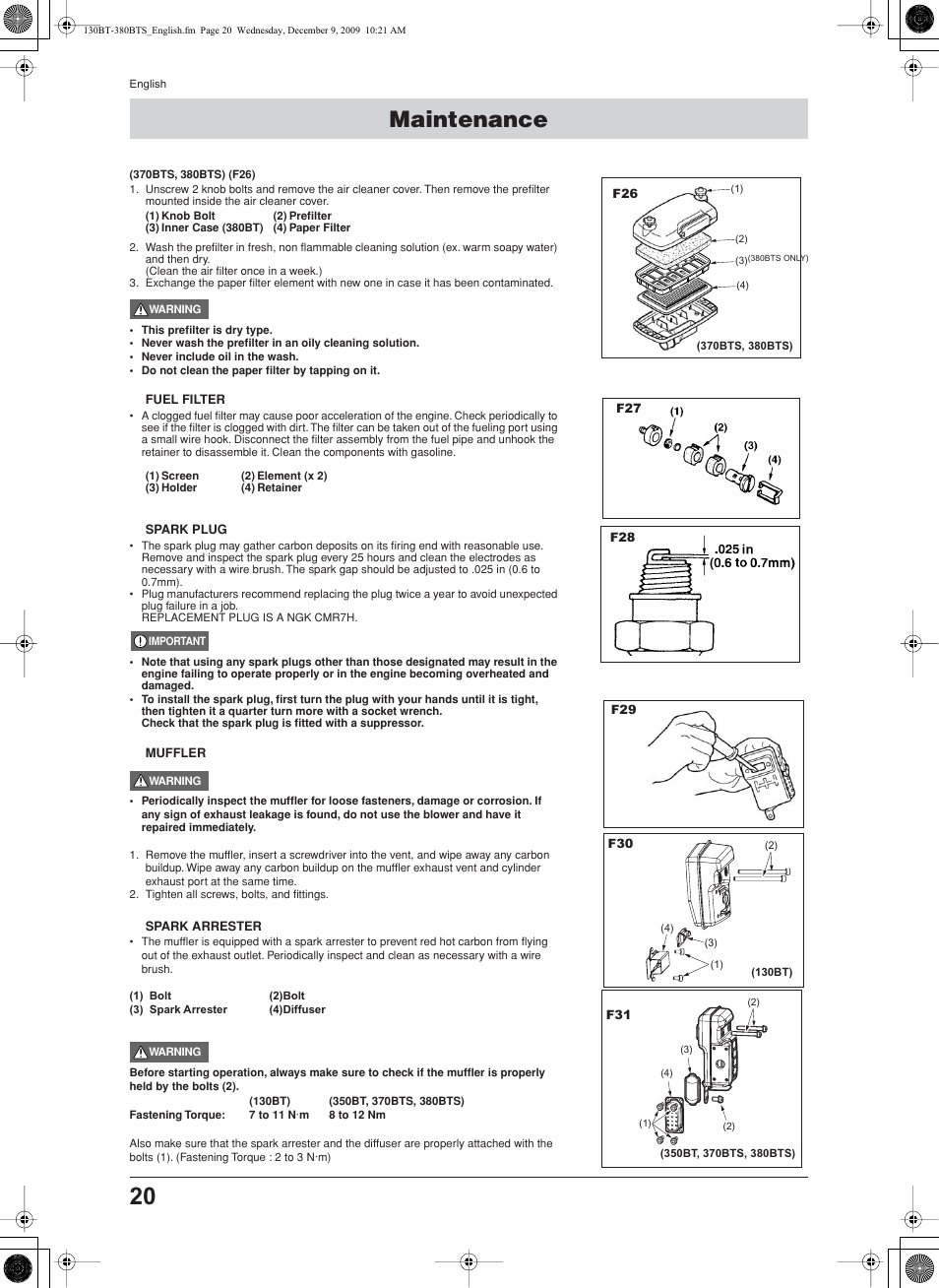 Maintenance, Fuel filter, Spark plug | Muffler, Spark arrester | Husqvarna 130BT User Manual | Page 20 / 21